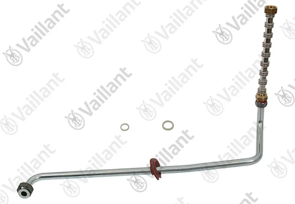 Vaillant Gasrohr mit verschiedenen Anschlüssen, gebogen, mit Dichtungen, ideal für Heizungsinstallationen. Erzielt optimale Verbindung im Heizsystem.